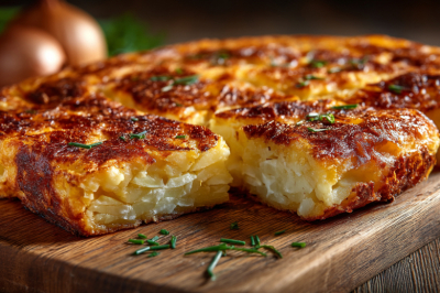 Заливной пирог с картошкой и луком: тесто на майонезе, а начинка &mdash; тертая картошка. Выпекается как одно целое &mdash; сытно и очень просто!